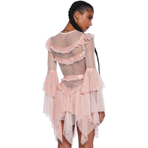 NWT Club Exx Pastel Pink Fishnet Ruffled Lace Bell Sleeve Fairycore Mini Dress - Picture 4 of 10